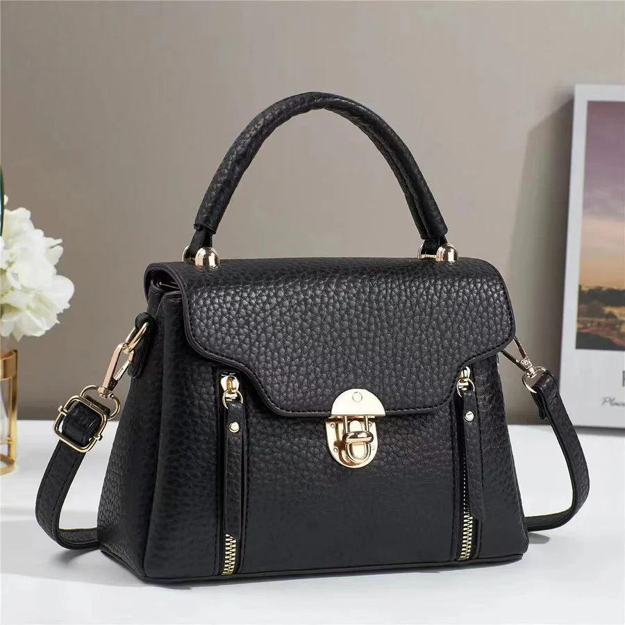 Square PU Leather Lock Clutch Crossbody Bag Black