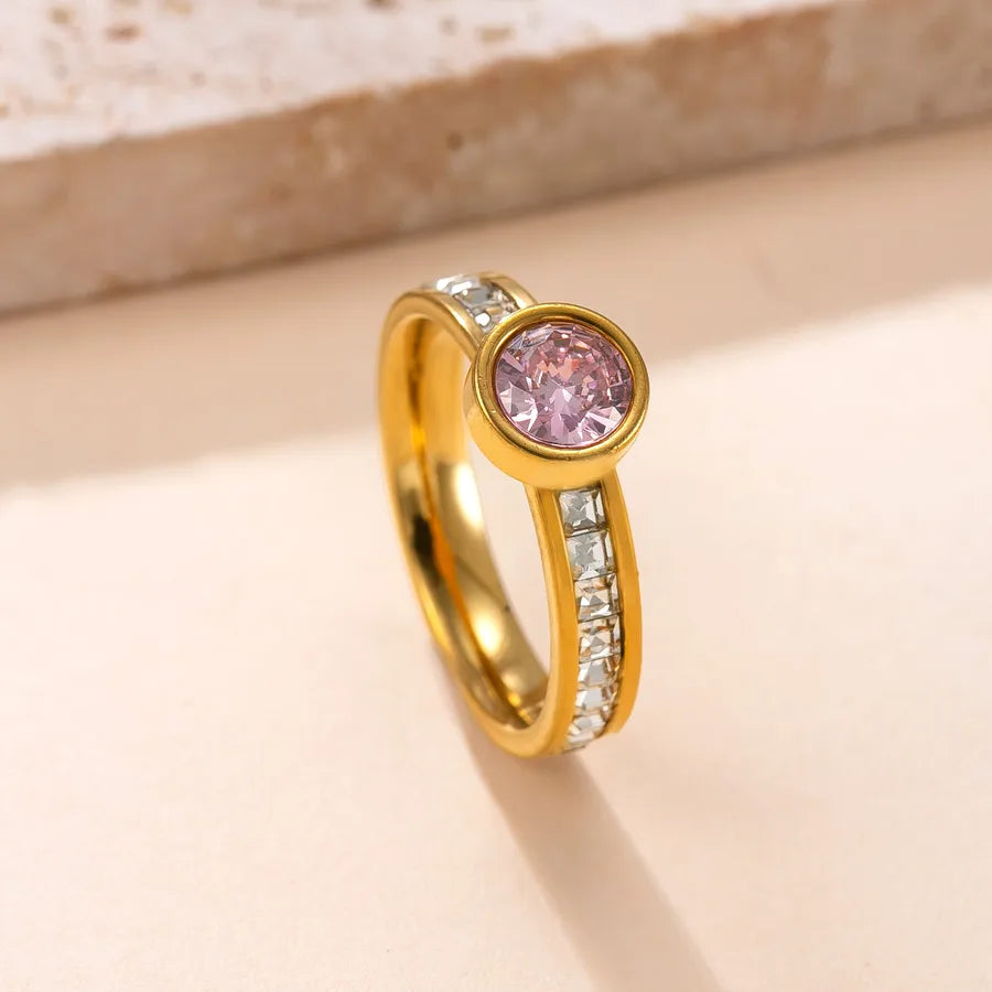 Geometric Zircon Stainless Steel Ring Gold-Pink Diamond