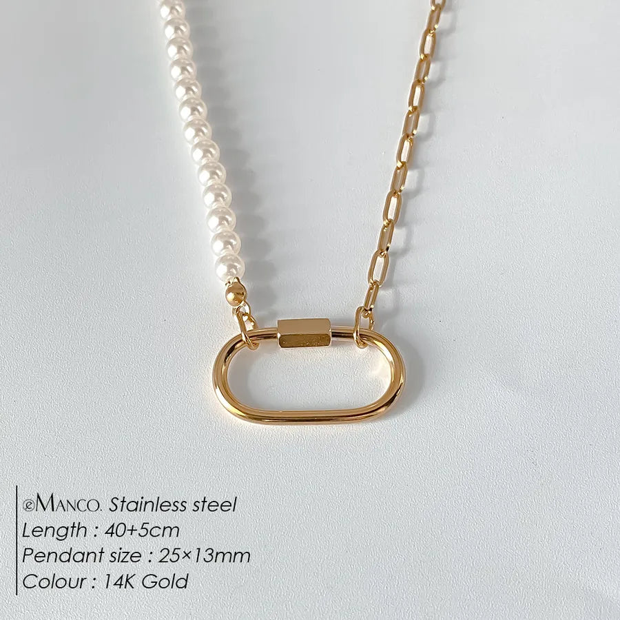 Geometric Pearl Stainless Steel Pendant Necklace XNL0045 Gold