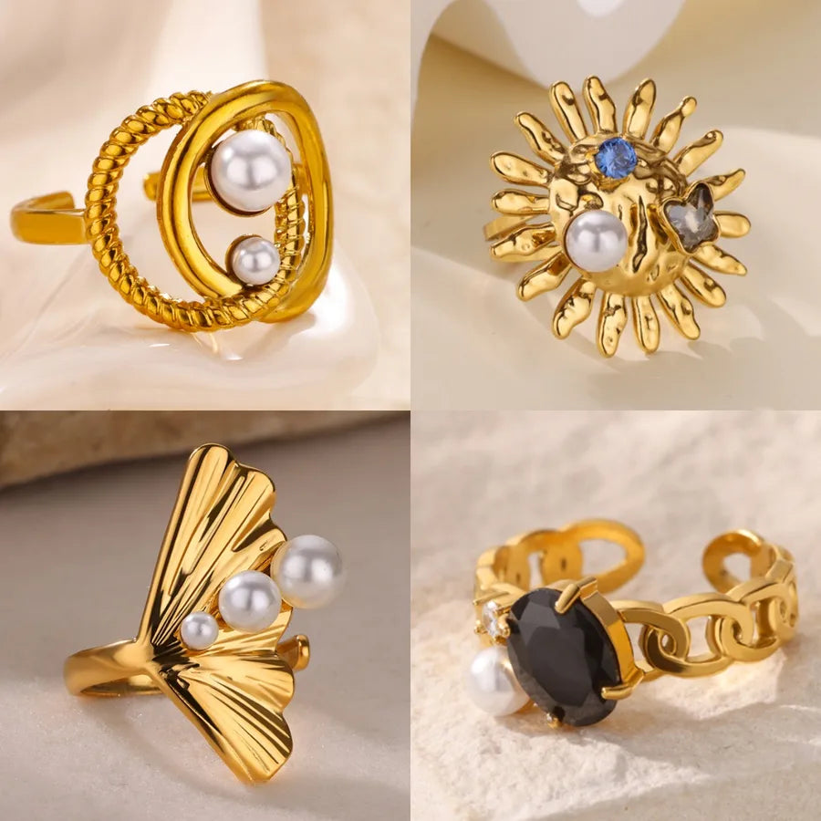 18K Gold Plated Open Ring with Pearl & Zircon