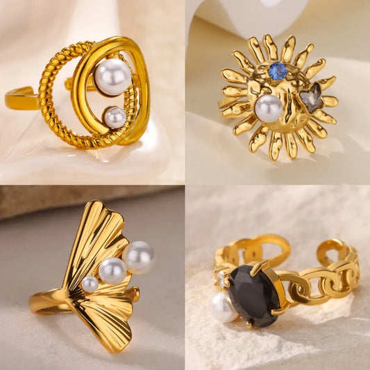 18K Gold Plated Open Ring with Pearl & Zircon