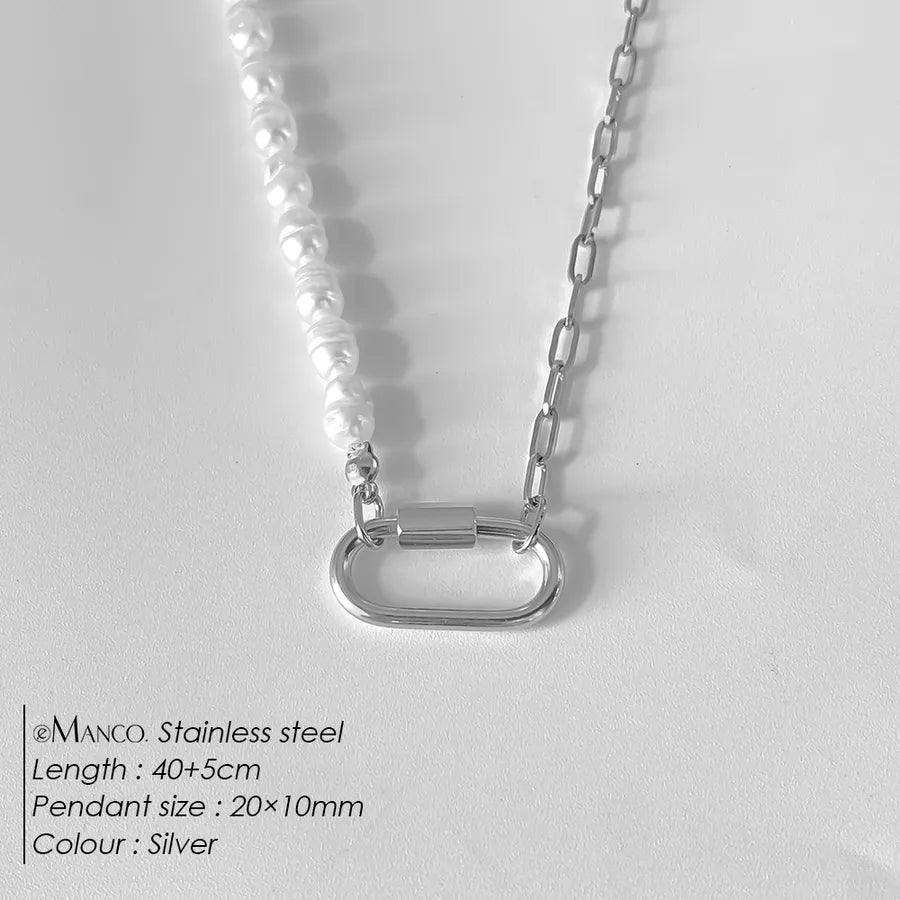 Geometric Pearl Stainless Steel Pendant Necklace XNL0052 Steel Color