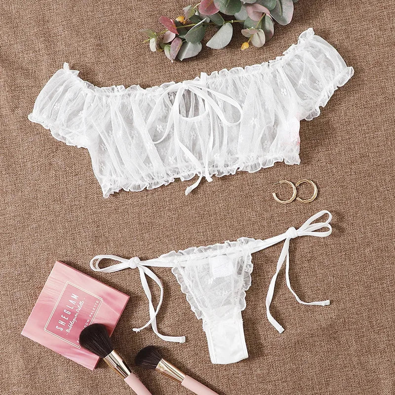 Women's Polka Dot Bow Lingerie Set White plum blossolid