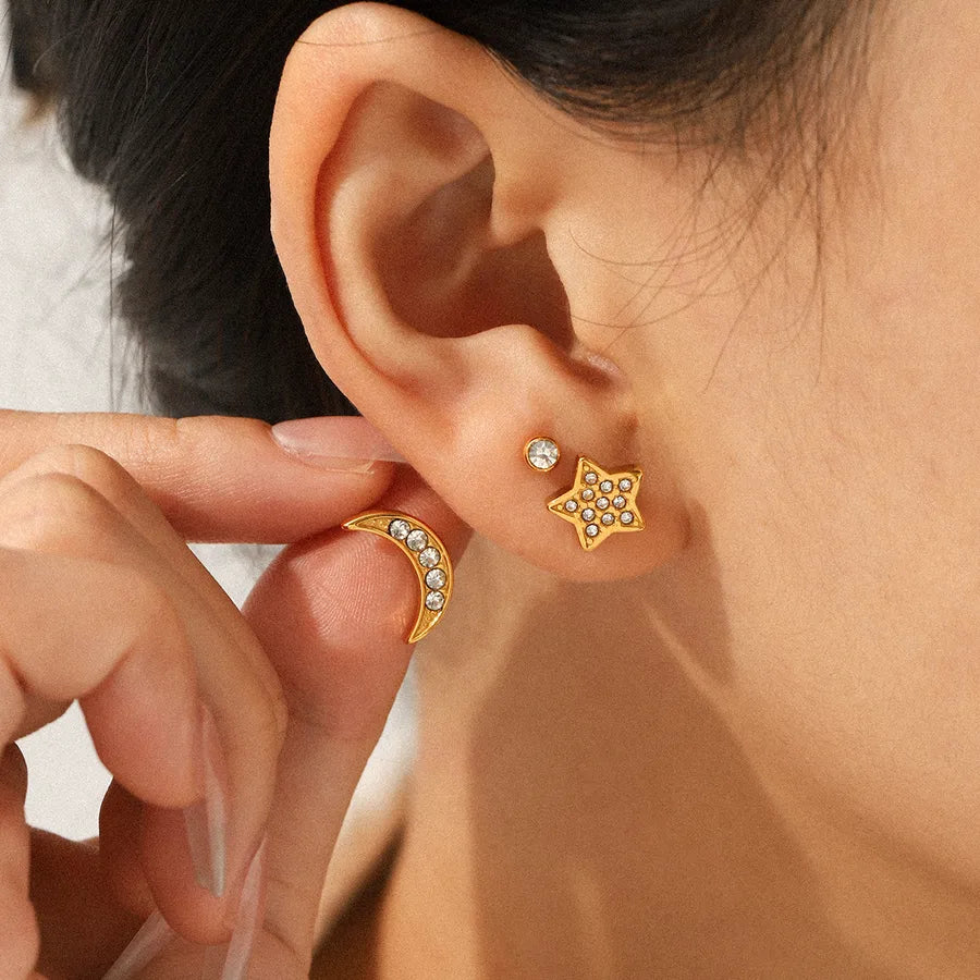 18K Gold Star & Moon Earrings Set for Women