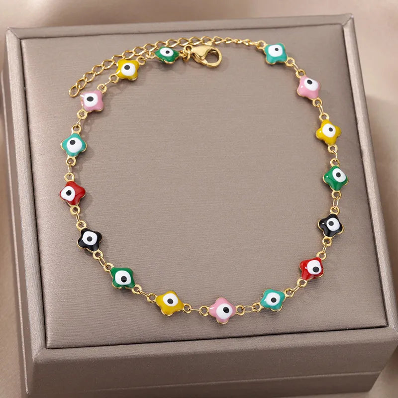 Boho Devil's Eye Heart Gold Anklet