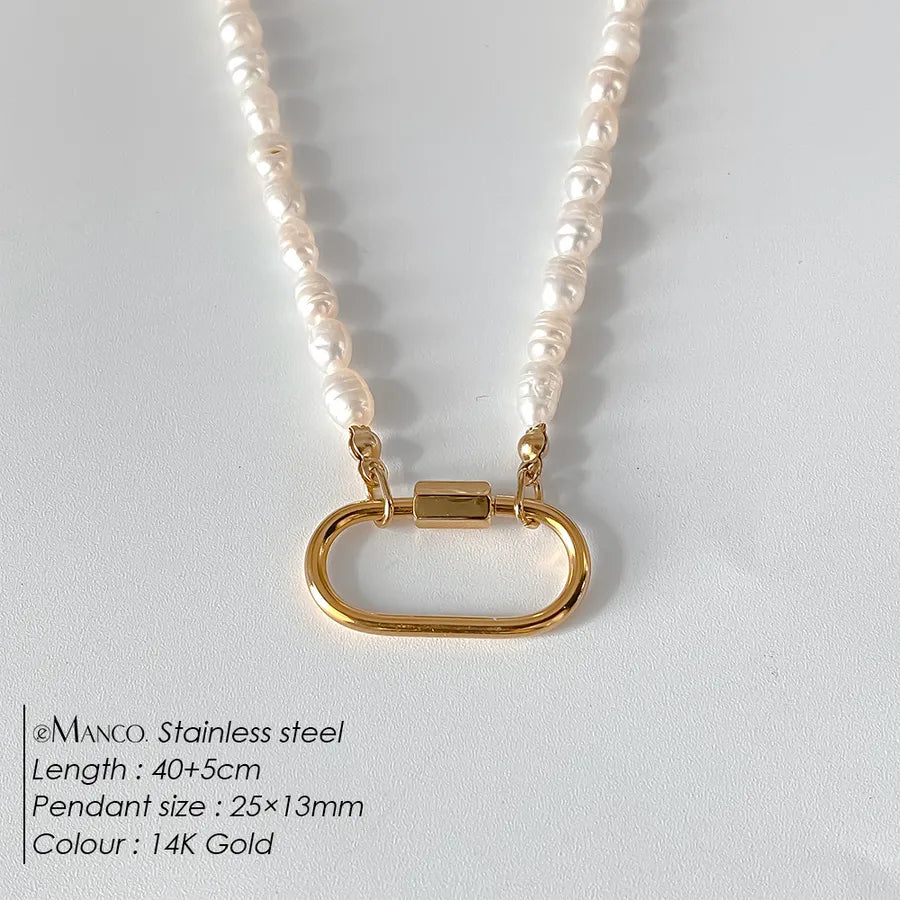Geometric Pearl Stainless Steel Pendant Necklace XNL0042 Gold