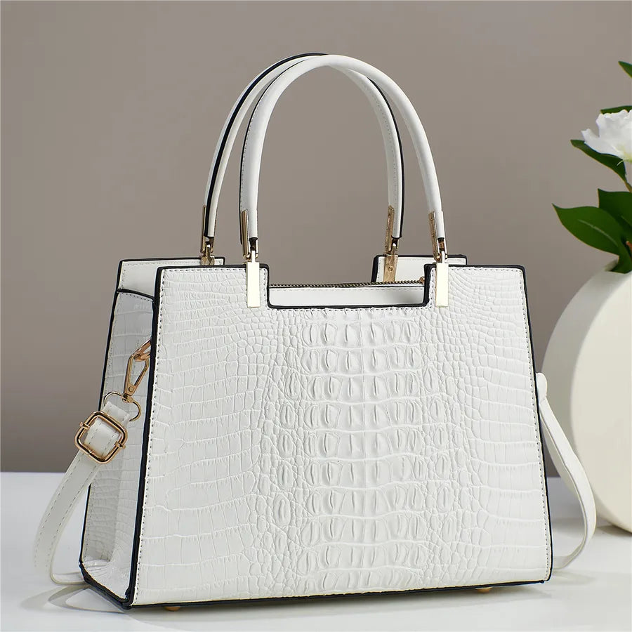 Crocodile Pattern Large Shoulder Handbag White