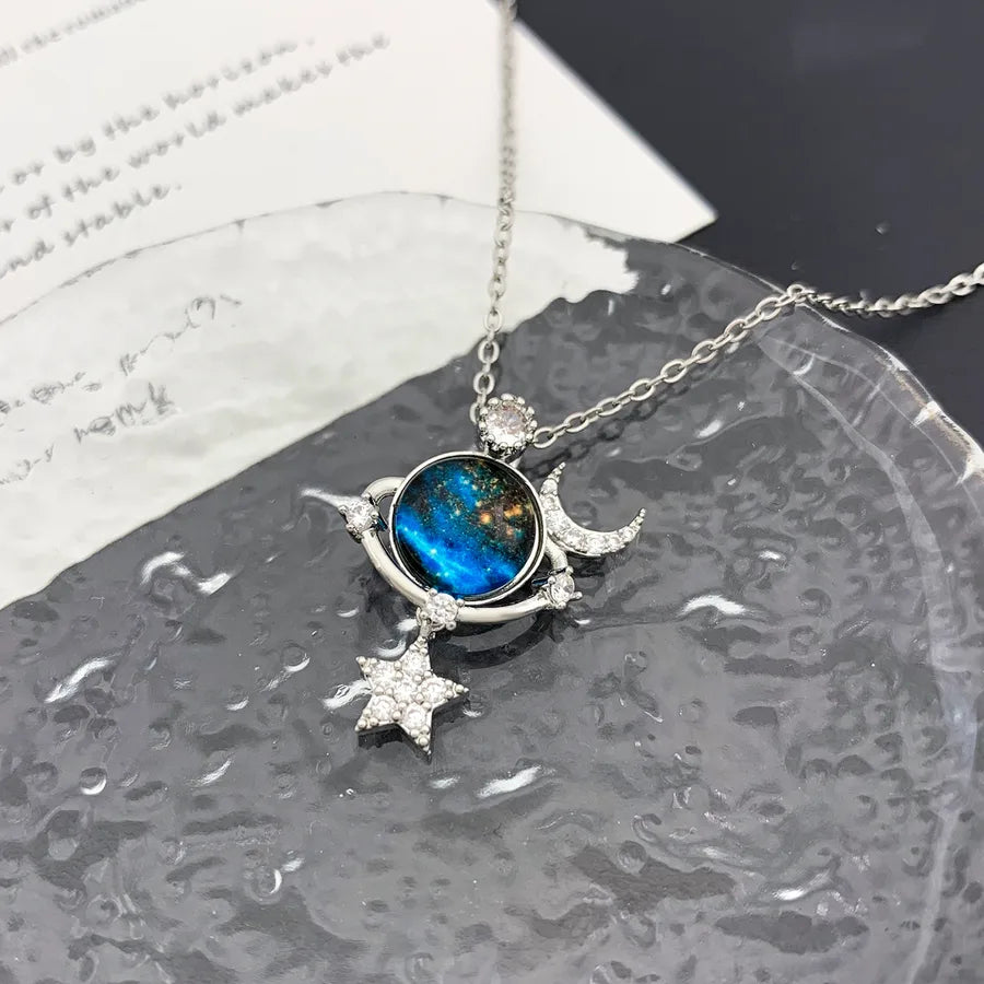 Starry Sky Planet Zircon Pendant Necklace XL1587 Moon Pentagram Star Ball Necklace Silver
