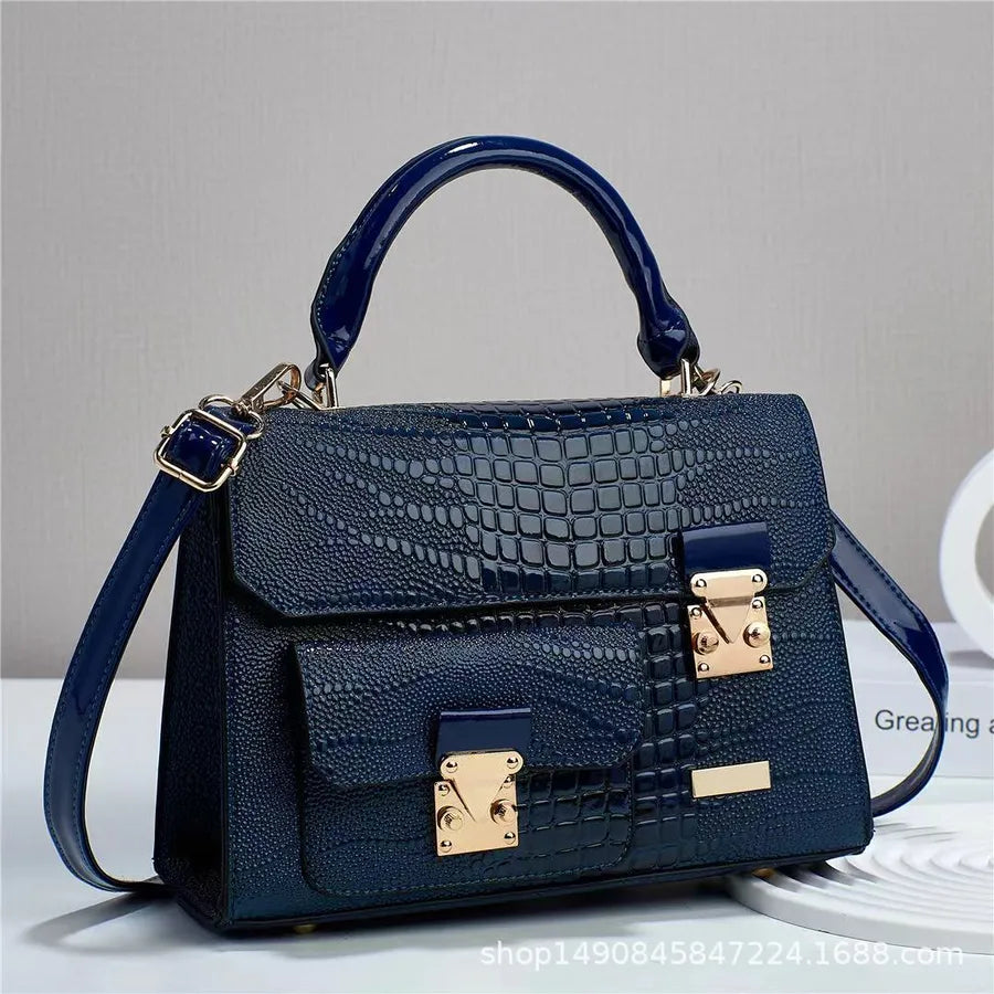 Retro Croc-Pattern PU Shoulder Bag Blue
