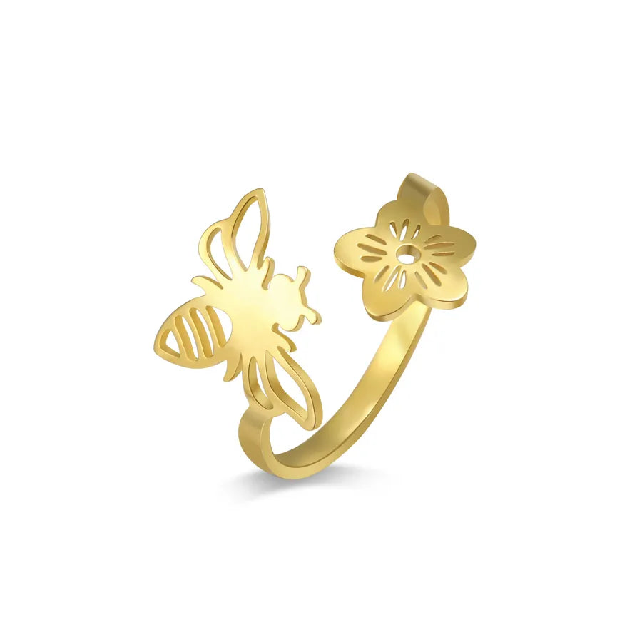 Gold Five-Petal Flower & Insect Open Ring Gold Little Bee Open Ring