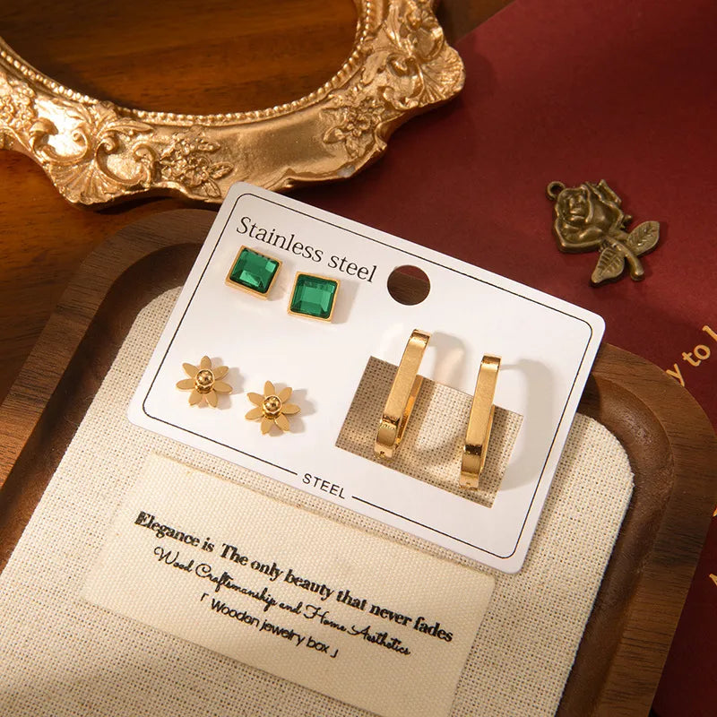 Green Zirconia Oval Titanium Steel Stud Earrings