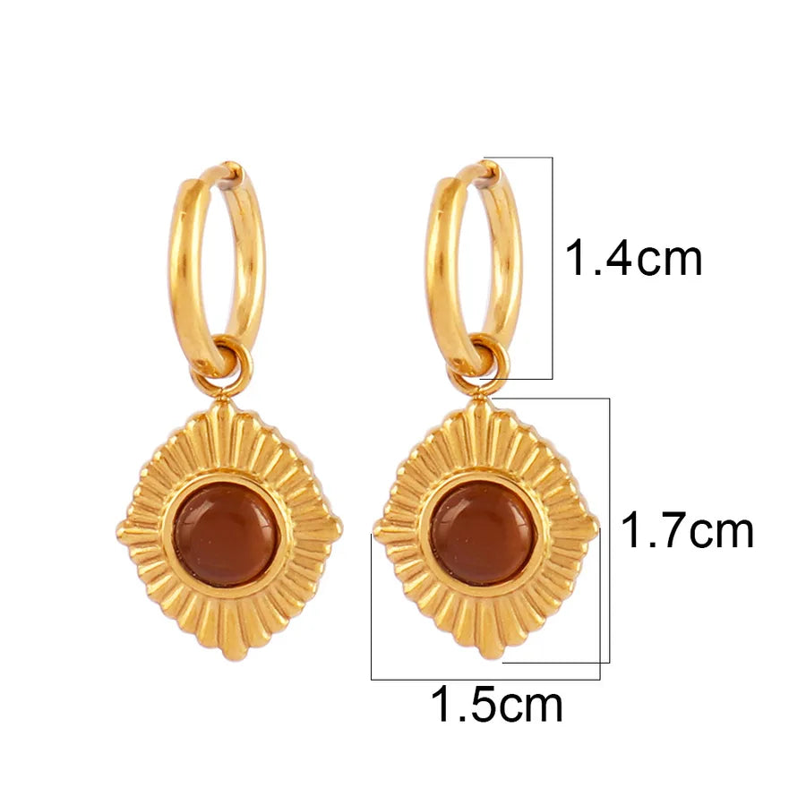 Turquoise Gold-Plated Geometric Hoop Earrings Brown Cat Eye-B0137