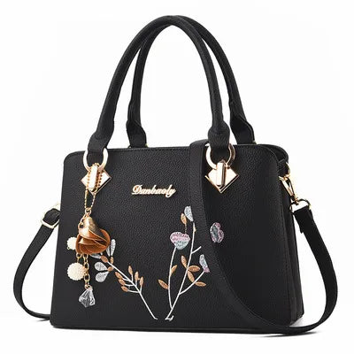 Embroidered PU Leather Crossbody Bucket Bag Black