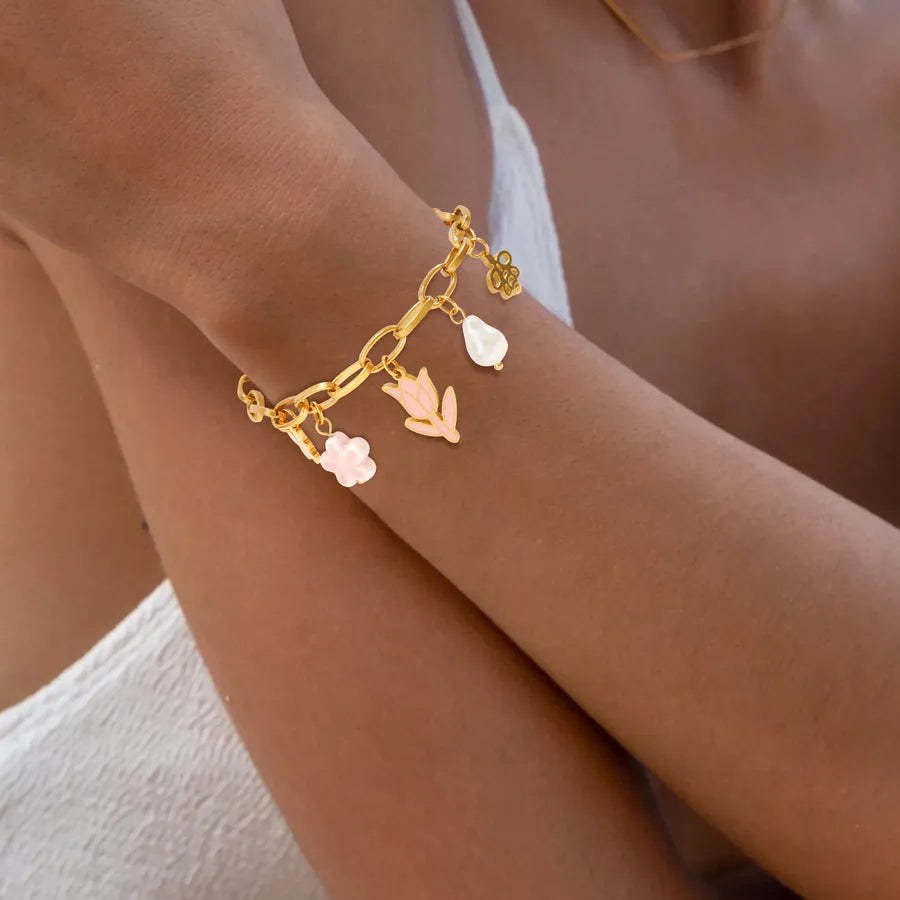 18K Gold Plated Pink Tulip Pearl Bracelet