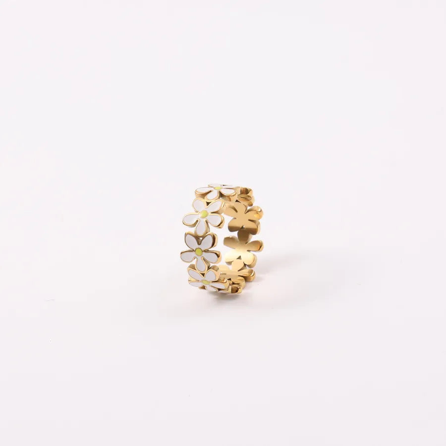 18K Gold Floral Titanium Steel Enamel Ring