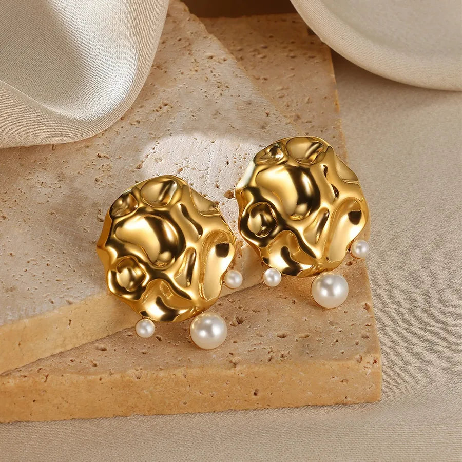 Gold Plated Geometric Pearl Stud Earrings