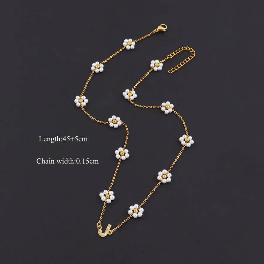 18K Gold Plated Letter Pendant Pearl Necklace Gold j