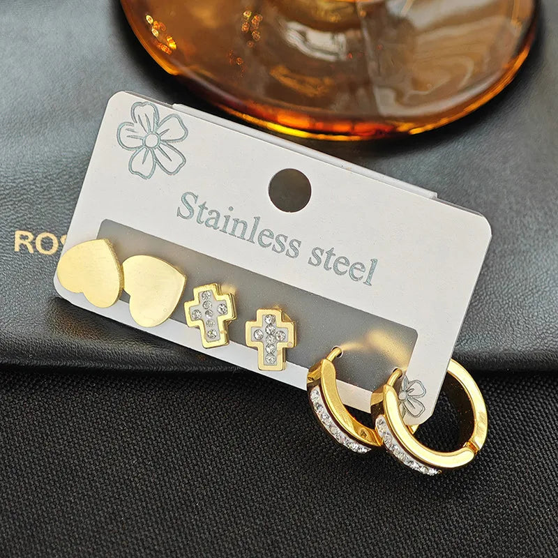 Elegant Cross Heart Hoop Earrings Glossy Love Cross Set