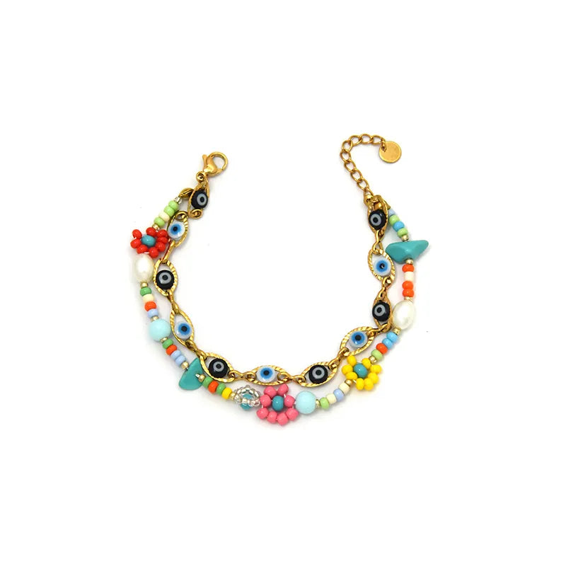 18K Gold Boho Eye & Flower Double Layer Bracelet BH0157-02-Blackandblue