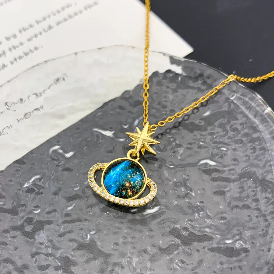 Starry Sky Planet Zircon Pendant Necklace XL1571 Eight-Pointed Star Planet Necklace Gold