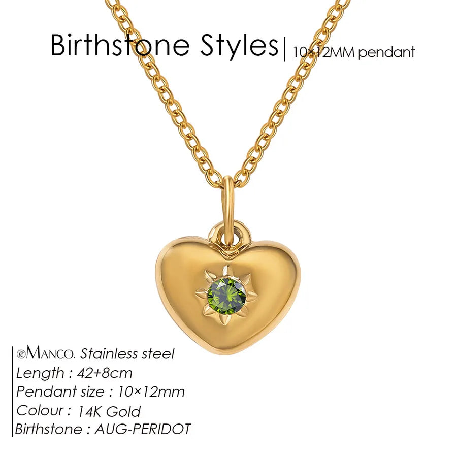 14K Gold Heart Birthstone Necklace for Women August Olive Green Gold