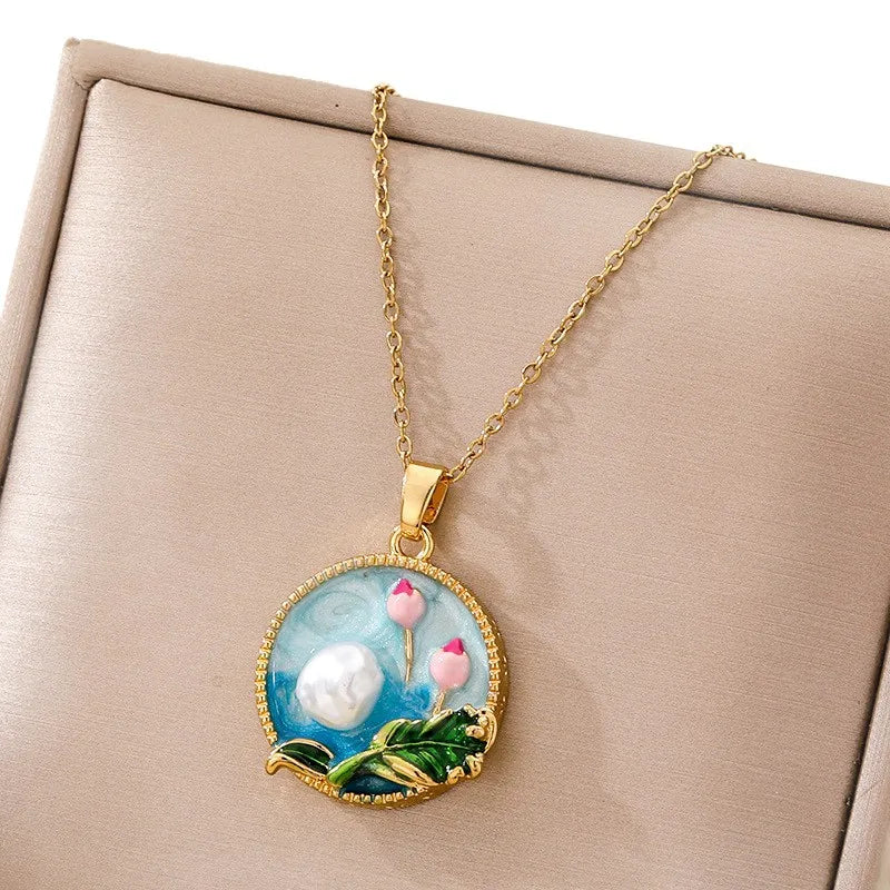 Boho Floral Pendant Necklace – Titanium Steel