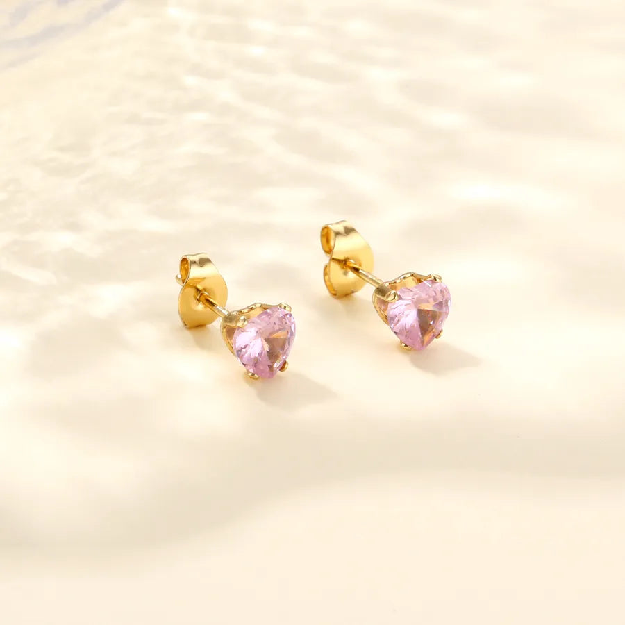 Heart-Shaped Zircon Stainless Steel Earrings Pink