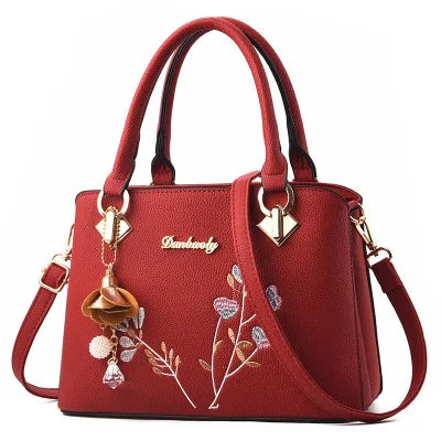 Embroidered PU Leather Crossbody Bucket Bag Wine red