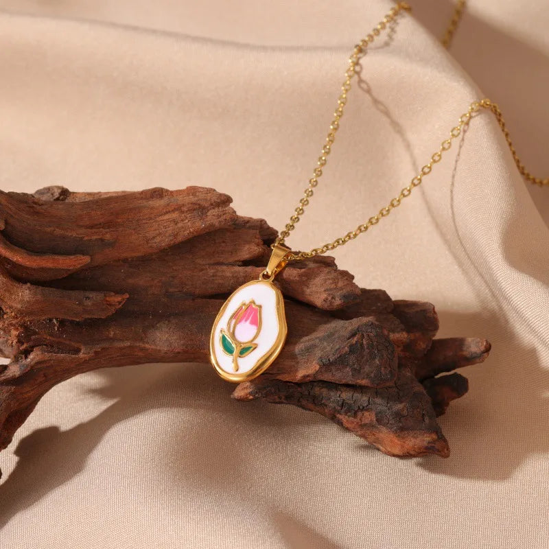 French Rose Tulip Pendant Necklace H-7590