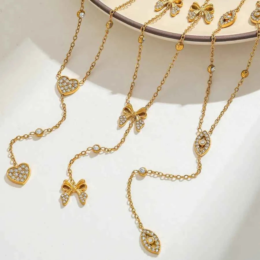 18K Gold Plated Stainless Steel Heart Bow Necklace