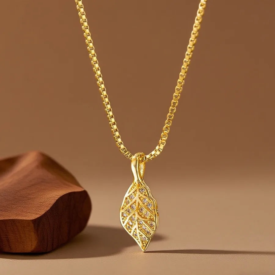 Geometric Titanium Steel Necklace for Women X08262【Copper Pendant】Leaf Necklace - Gold