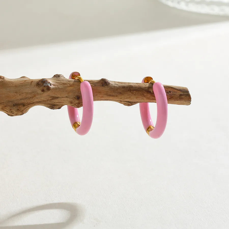 18K Gold Plated Round Stainless Steel Earrings White Pink-16.48*17.26*2.86mm