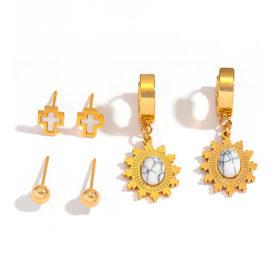 Gold Plated Cross Titanium Steel Earrings – 3 Pairs