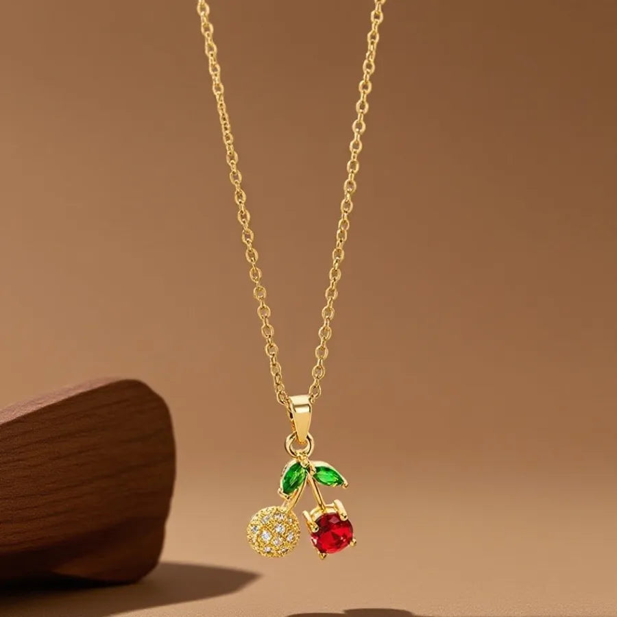 Geometric Titanium Steel Necklace for Women X08281 [Copper Pendant] Inlaid Diamond Zircon Cherry Necklace - Gold