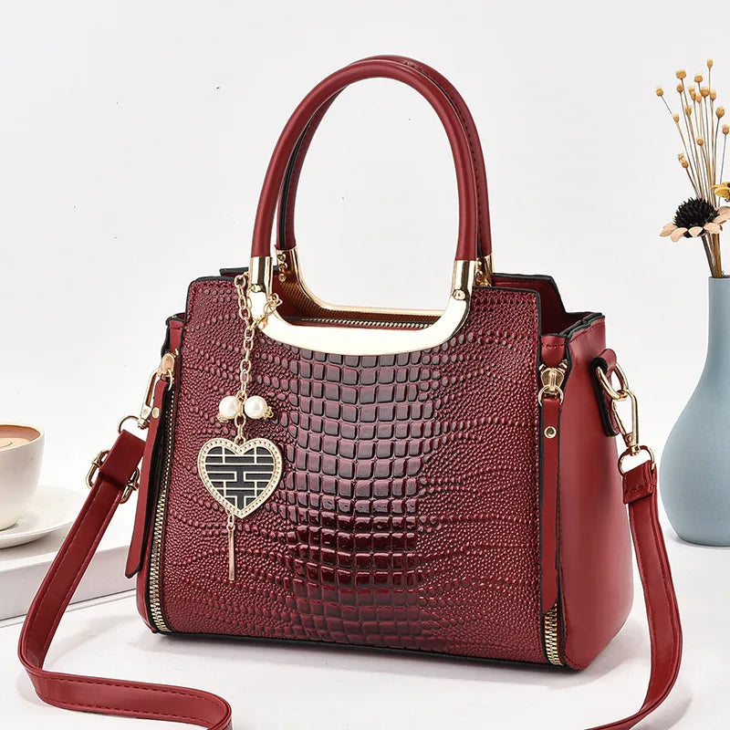 Stylish Croc-Pattern PU Shoulder Bag Purplish Red