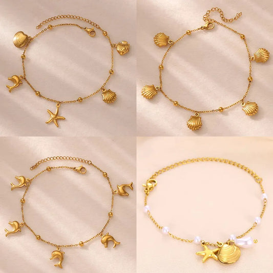 Gold Ocean Anklet with Dolphin & Starfish Charms