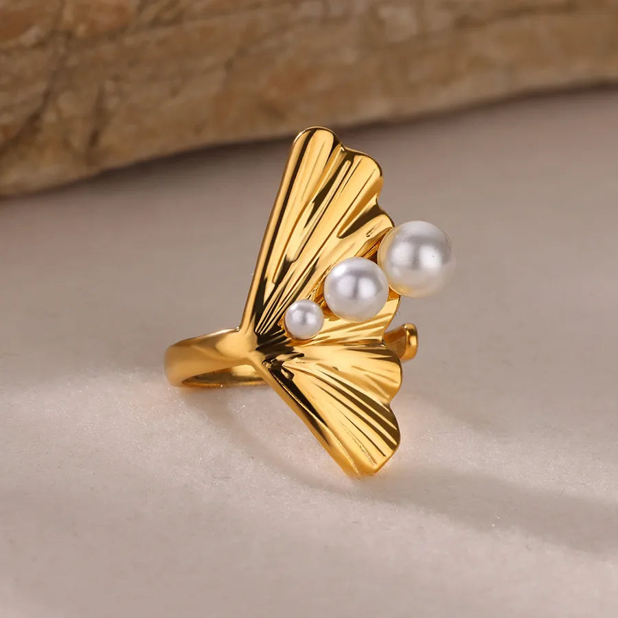 18K Gold Plated Open Ring with Pearl & Zircon