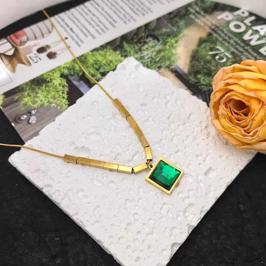 Green Zircon Geometric Titanium Steel Necklace
