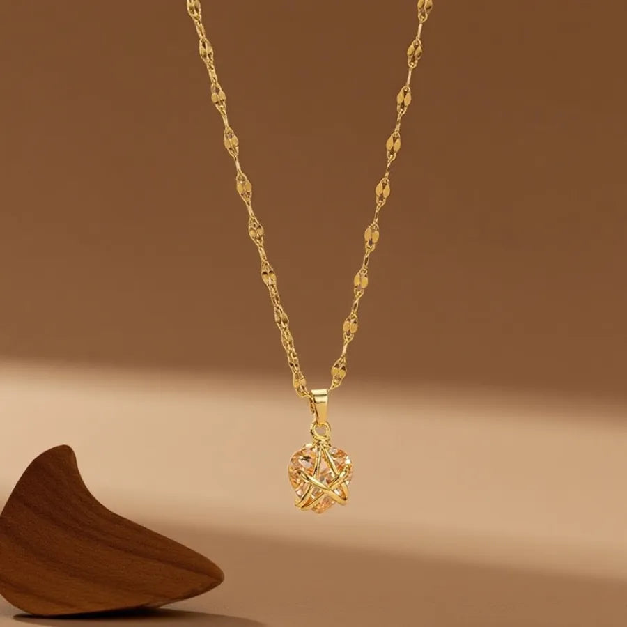 Geometric Titanium Steel Necklace for Women X08090 [Copper Pendant] Single Diamond Pentagram Necklace - Gold