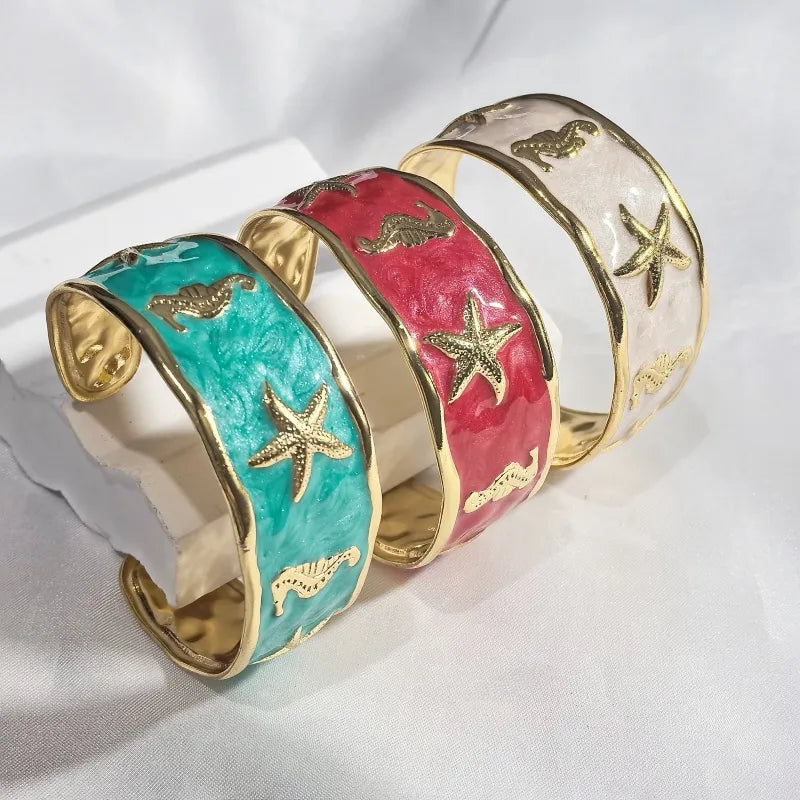 Gold Starfish & Seahorse Stainless Steel Bangle