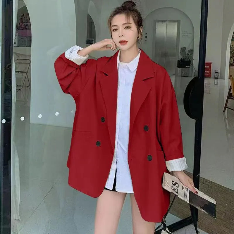 Loose Fit Women's Blazer Jacket - Solid Color Red