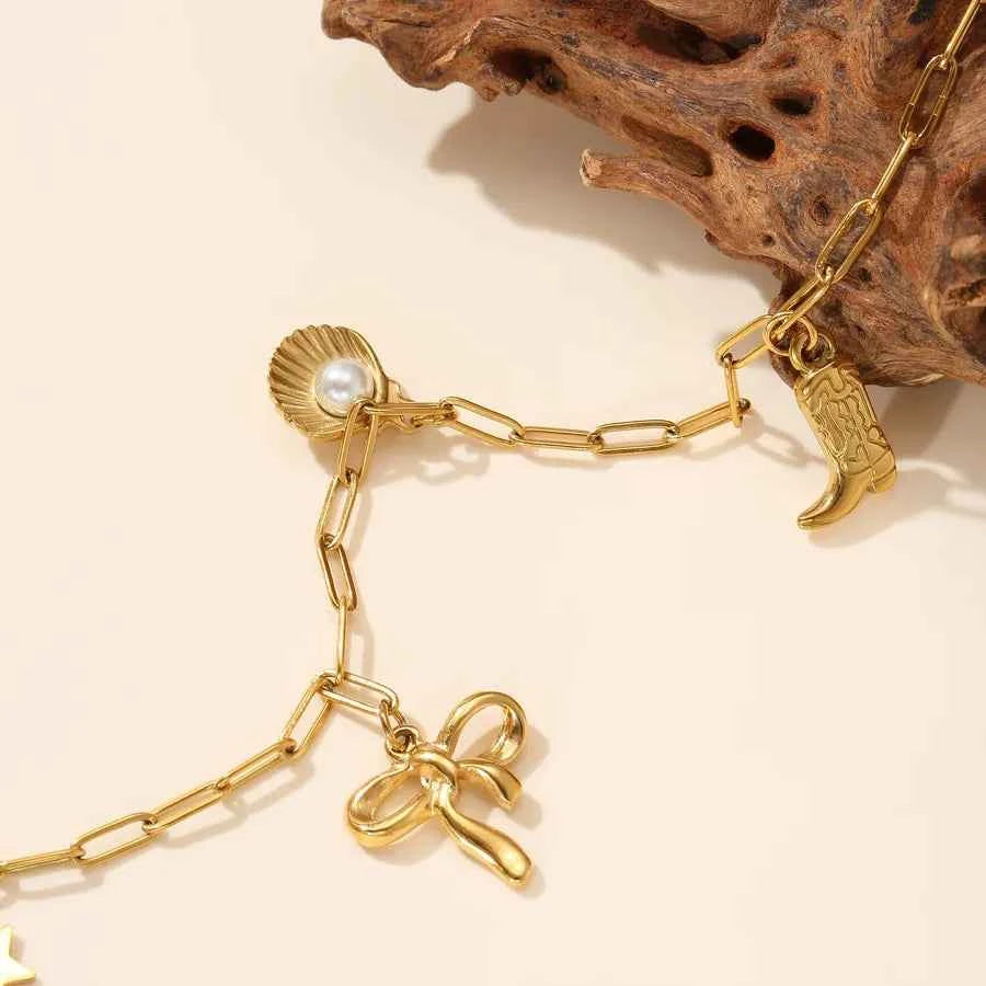 Gold Star Bowknot Pearl Necklace for Women