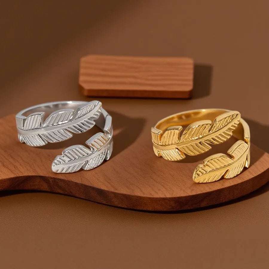 Adjustable Titanium Feather Ring for Women