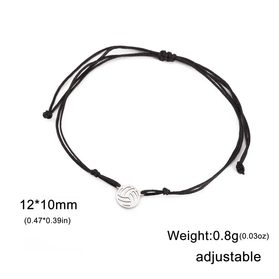 Stainless Steel Sports Pendant Bracelet Steel Color Volleyball-Black Rope