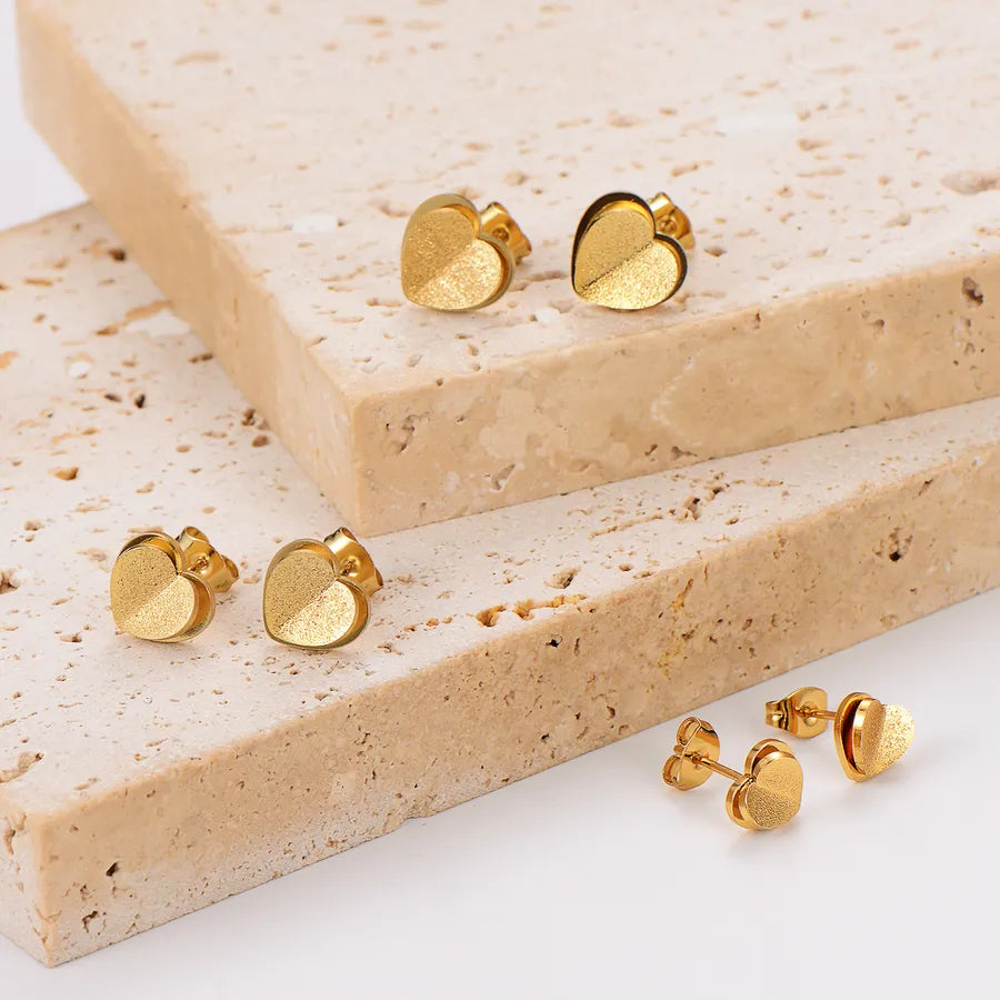 Gold Heart Stainless Steel Frosted Stud Earrings
