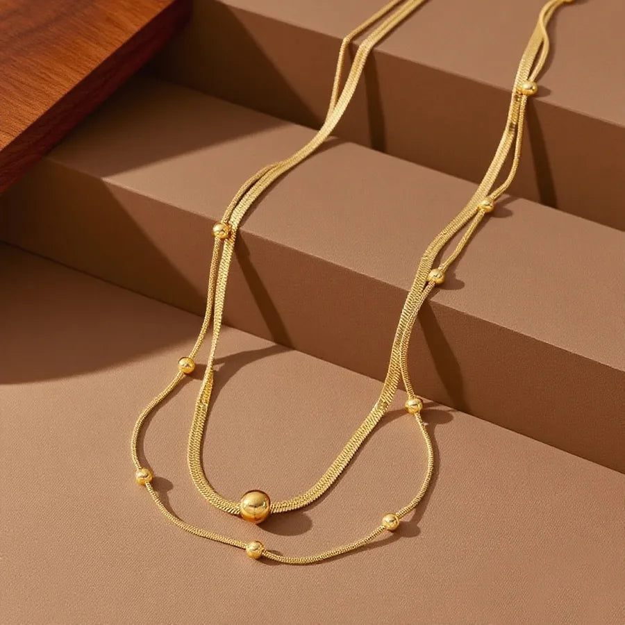 Double Layer Titanium Steel Heart Necklace X01213-Double Layer Gold Beads-Necklace- Gold