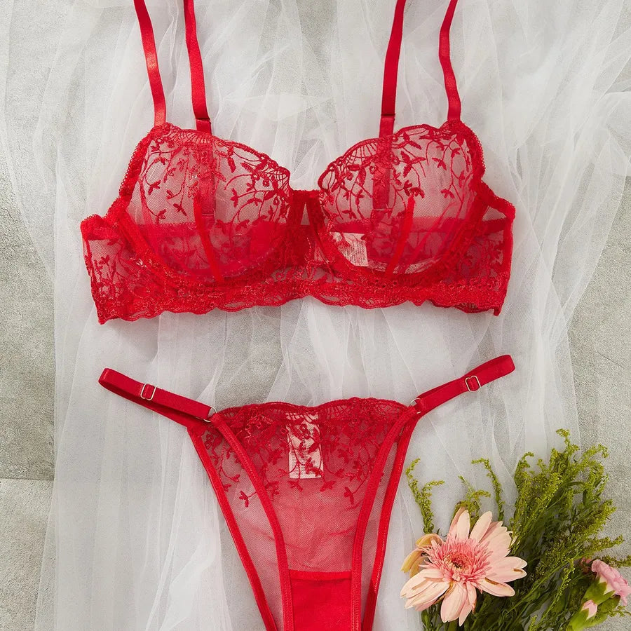 Women's Sheer Floral Lingerie Set XL Red