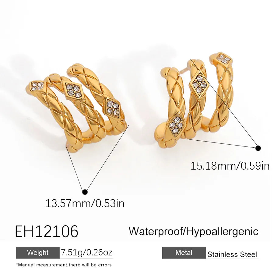 18K Gold Plated Triple Hoop Rhinestone Earrings