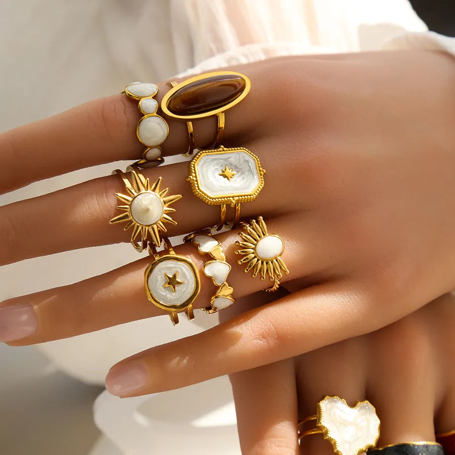 Gold Heart & Flower Titanium Steel Ring Set