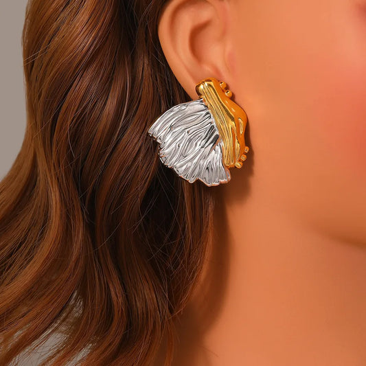 Gold Leaf Textured Stainless Steel Earrings